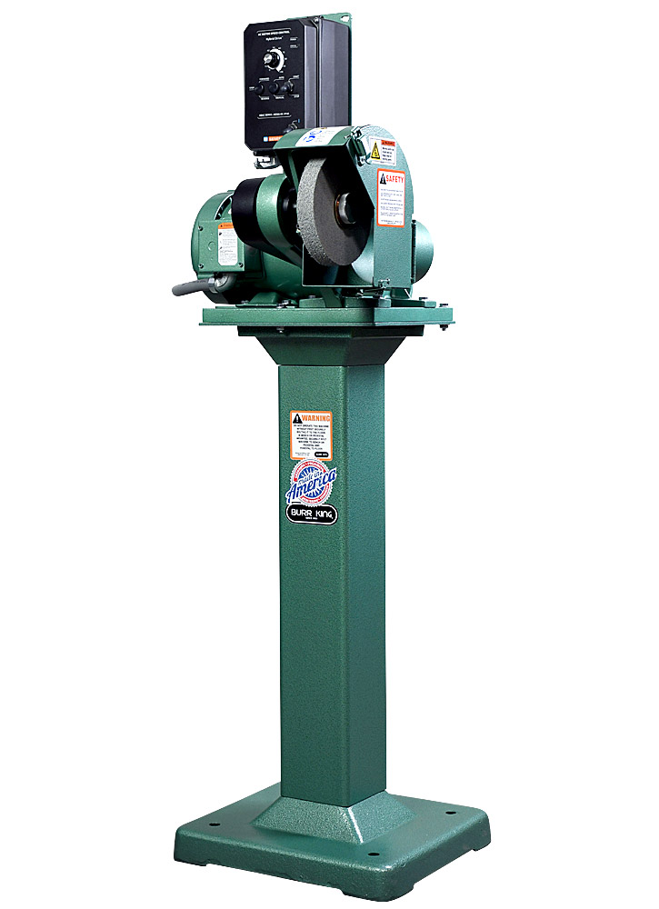 61110 model 600 polishing lathe / buffer / deburring machine with deburring wheel, DS6 dust scoop, and 01 pedestal

120 volt variable speed 3/4 HP motor.

Shown from the right hand side.